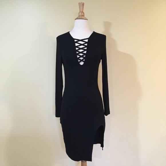 Strappy Criss Cross Plunging Neck Side Slit Dress - Picture 3 of 6